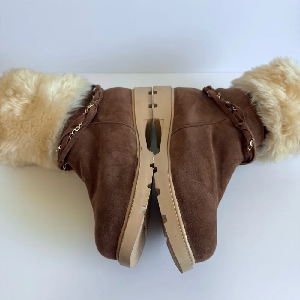 Boho Chic Chestnut Suede Furry Winter Boots | Chain & Tassel Accents